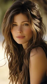 Portrait of woman with long wavy hair in soft daylight.