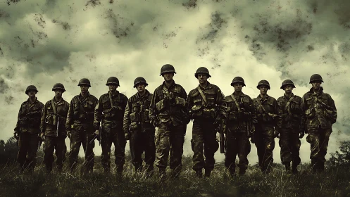 Row of infantry soldiers stands in formation under cloudy sky