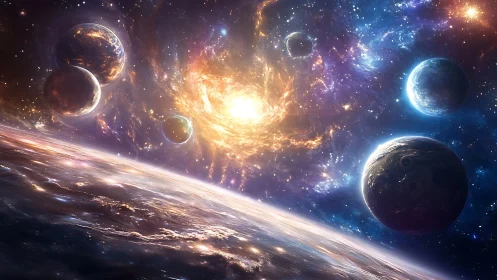 Solar nebula ignites vibrant multi-planet cosmic vista.