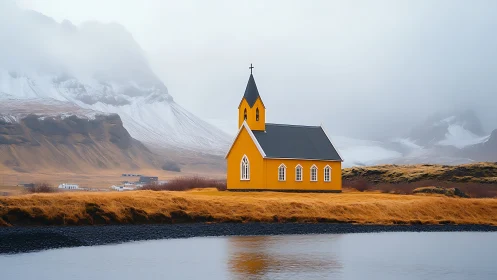 Vivid yellow rural church contrasts with misty Icelandic mountains