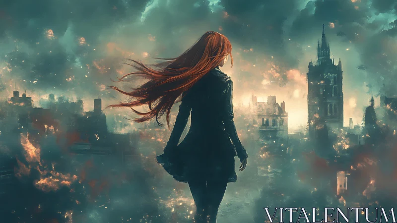 Flame-haired sentinel walking through embers of a ruined city.