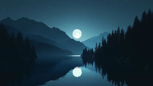 Luminous full moon mirrored on tranquil alpine lake at night.