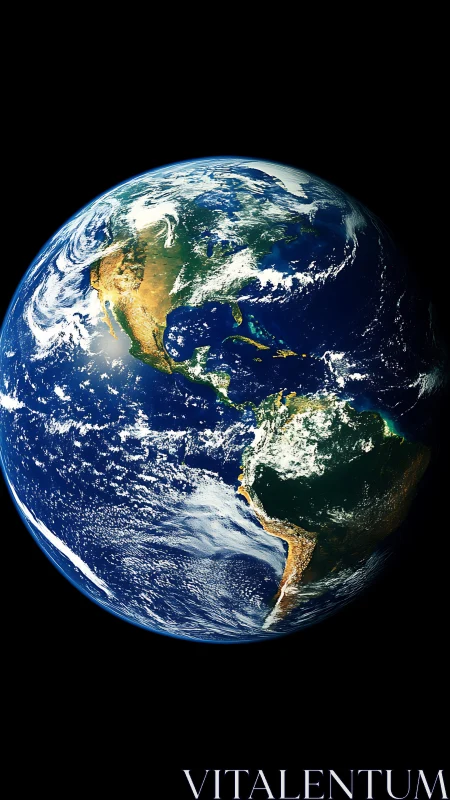 Earth from space reveals sunlit Americas, deep blue oceans.