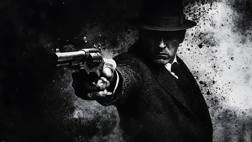 Grit-soaked noir gunman carved from shadow and gunfire.