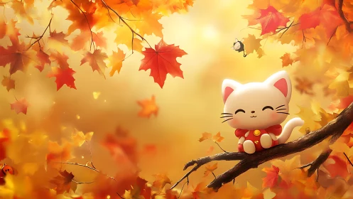 Smiling autumn kitten relaxes on a branch amid falling leaves