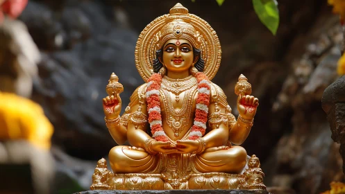 Golden Hindu deity statue with garland in forest shrine