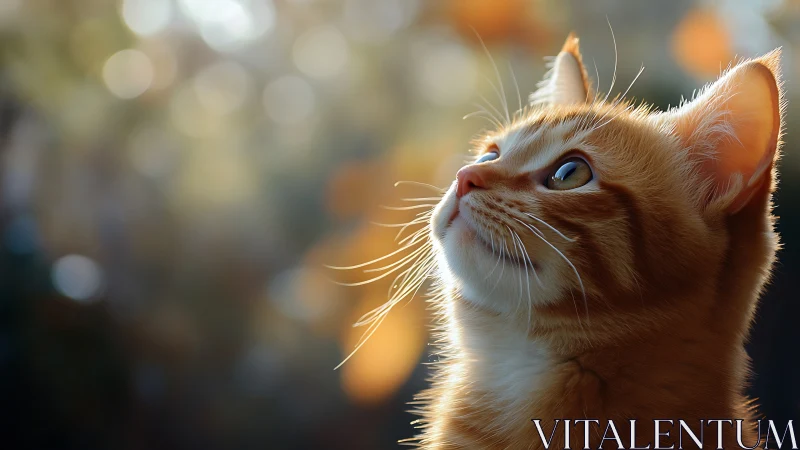 Feline Subject Gazing Skyward. Golden Hour Backlighting Illuminates Textured Fur.