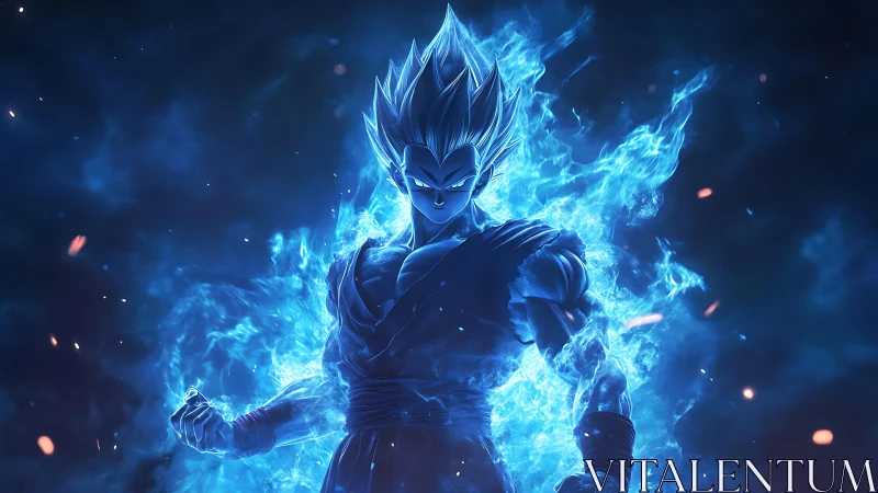 Blue energy warrior engulfed in blazing celestial aura.