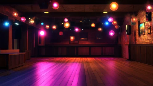 Warm wooden dance floor glowing with colorful party lights.