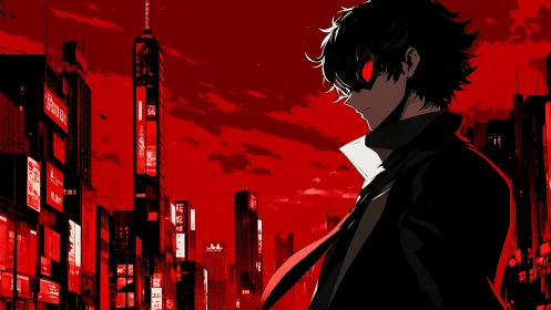 Dark urban antihero watches over neon city in red dusk.