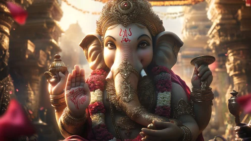 Divine Ganesha idol in sunlit temple courtyard detail.