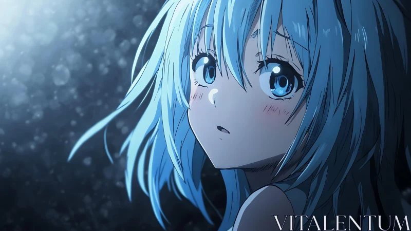 Blue haired anime girl gazes toward soft diffused light