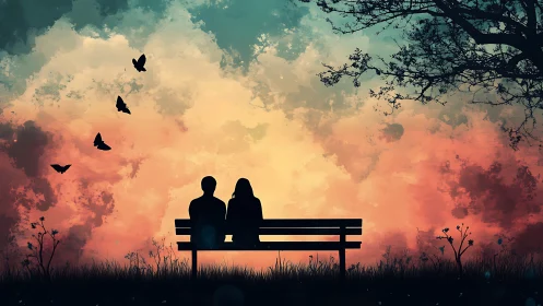 Silhouetted Couple Seated on Bench Against Dramatic Sunset Sky