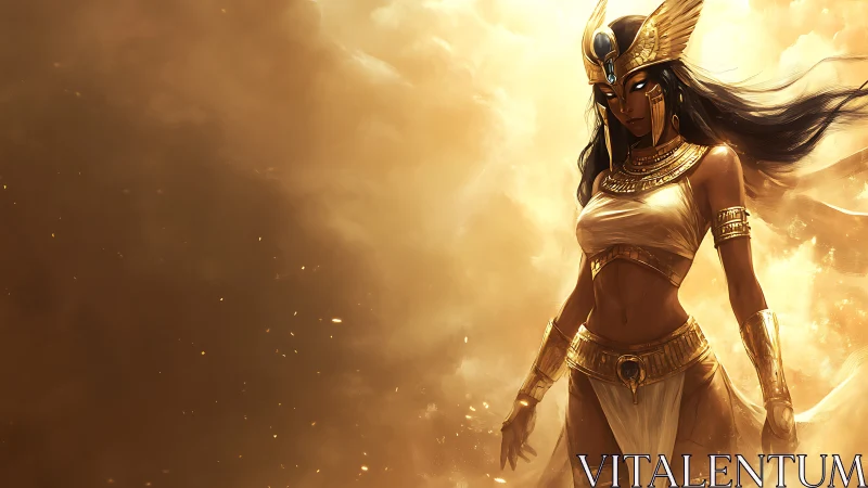 Sandstorm goddess strides through molten desert light