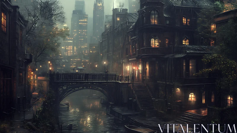 Noir canal street merges Victorian brickwork and misty high-rise cores