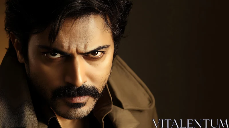 Intense gaze of a mysterious man in warm shadowed light.