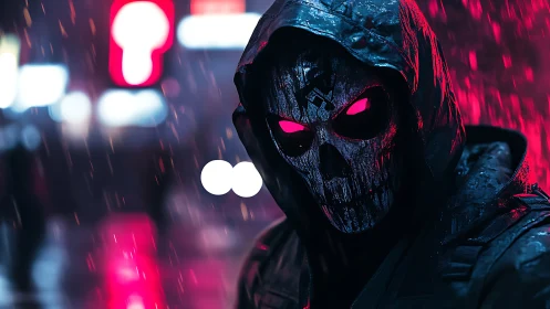 Hooded skull-masked figure stands in neon city rain at night