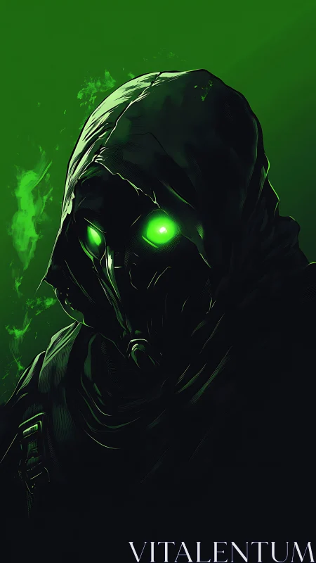 Hooded dark figure with glowing green eyes in shadow.