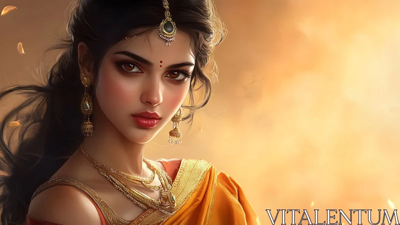 Elegant Indian woman in traditional attire, digital art portrait.