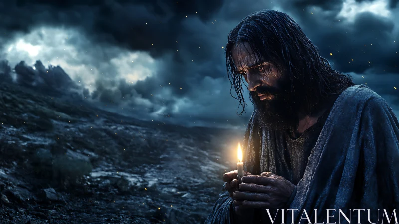 Storm-worn wanderer cradling a lone candle of hope.