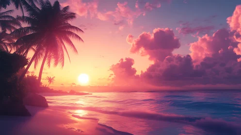 Tropical shoreline at neon sunset with luminous cloudscape.