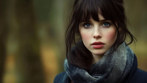 Calm blue eyed woman in scarf against soft forest background.