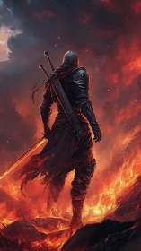 Armored swordsman strides through blazing volcanic hellscape.