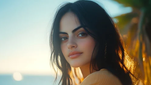 Sunlit coastal portrait with soft golden rim lighting.