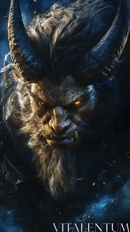 Horned demonic warlord portrait in blazing blue smoke.