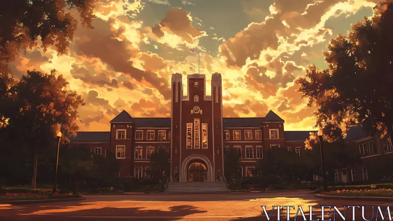 Sunset-illuminated collegiate brick facade under dramatic stratocumulus sky