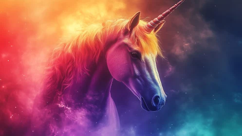 Iridescent unicorn portrait emerges from prismatic nebula haze
