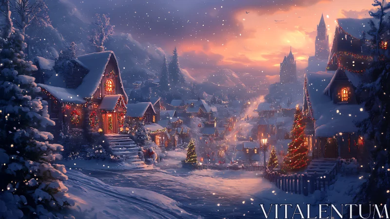Snowlit Christmas village glowing in storybook twilight calm.