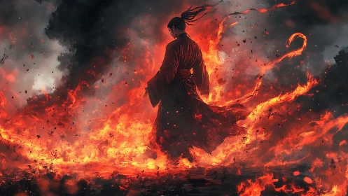 Fire-wreathed warrior silhouette strides through burning inferno.