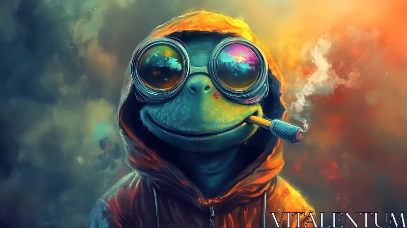 Cool frog in glowing hoodie enjoys a dreamy neon sunset