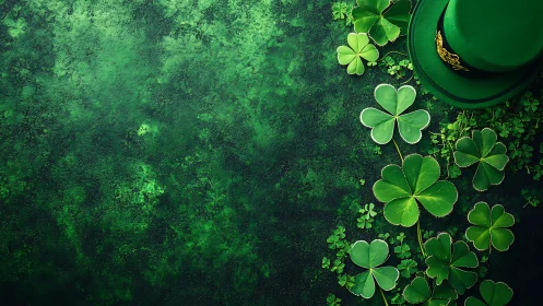 Shamrock lane and a lucky green hat on textured emerald field.