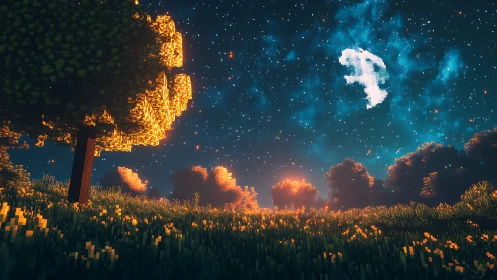 Voxel meadow glows under pixel moon and starfield sky.