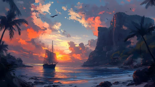 Sailship at Golden Hour: A Tropical Adventure Awaits.