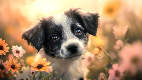 Puppy portrait amid glowing meadow wildflowers at sunset.