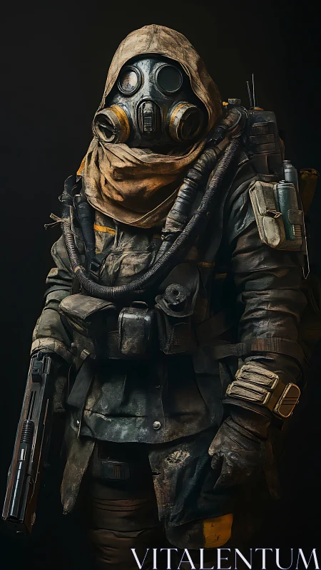 Postapocalyptic soldier in gas mask with tactical gear.