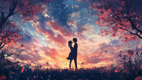 Silhouetted lovers embrace beneath blazing sunset sky