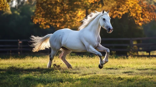 Sunlit white stallion sprinting through amber pasture dusk.