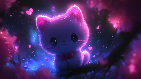 Bioluminescent plush kitten avatar in neon magenta bokeh haze