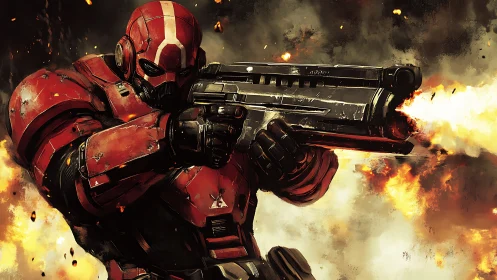 Armored space trooper discharging heavy rifle amid explosions