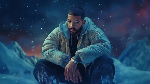 Solitary man rests in a snowy nightscape under falling snow