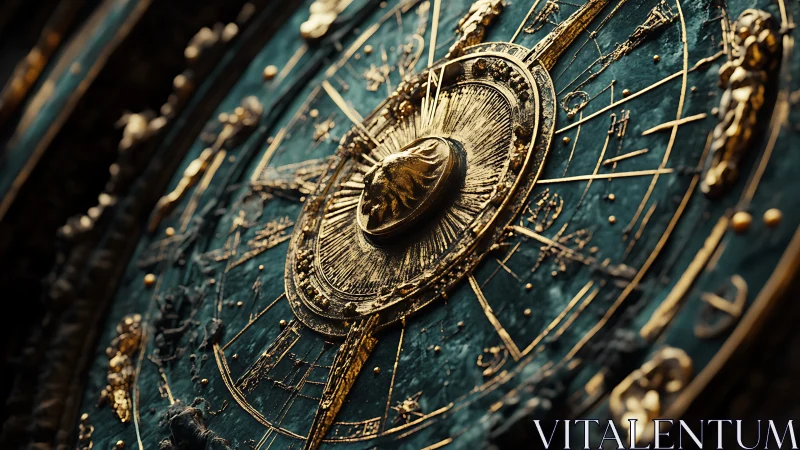 Circular metallic astrolabe dial displays radial zodiac layout