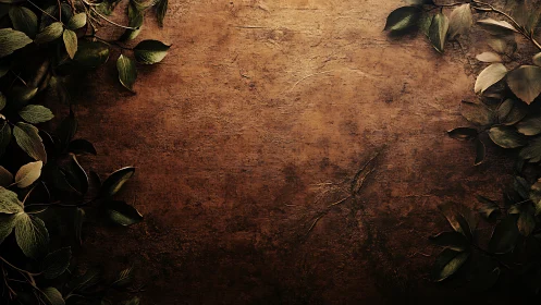 Rustic brown background bordered with dark green foliage.