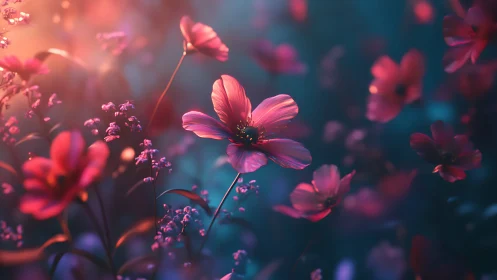 Pink cosmos flowers rendered with luminous bokeh effect.