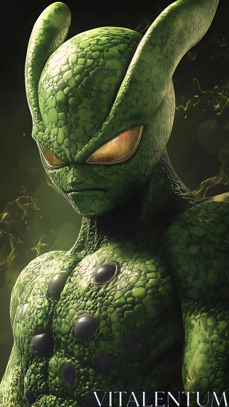 Reptilian humanoid warrior with bioluminescent carapace armor