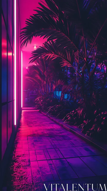 Neon walkway glows softly beside lush nighttime palm garden
