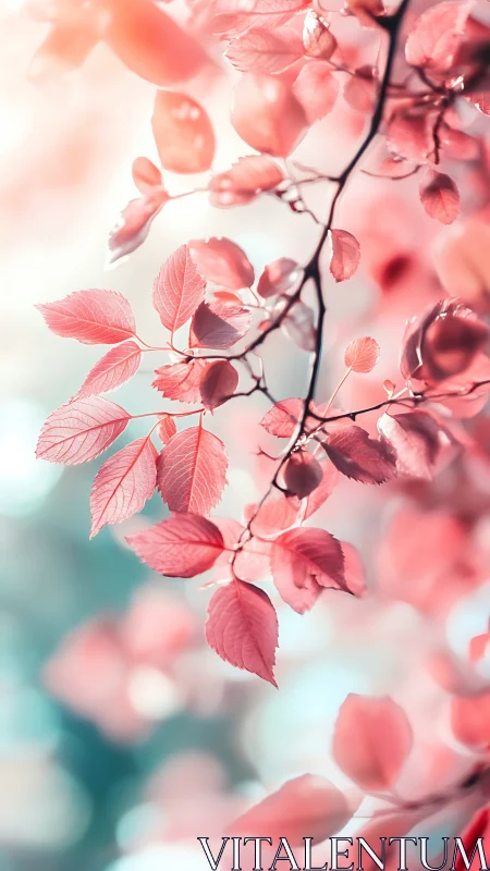 Pink foliage branch is captured with shallow depth of field